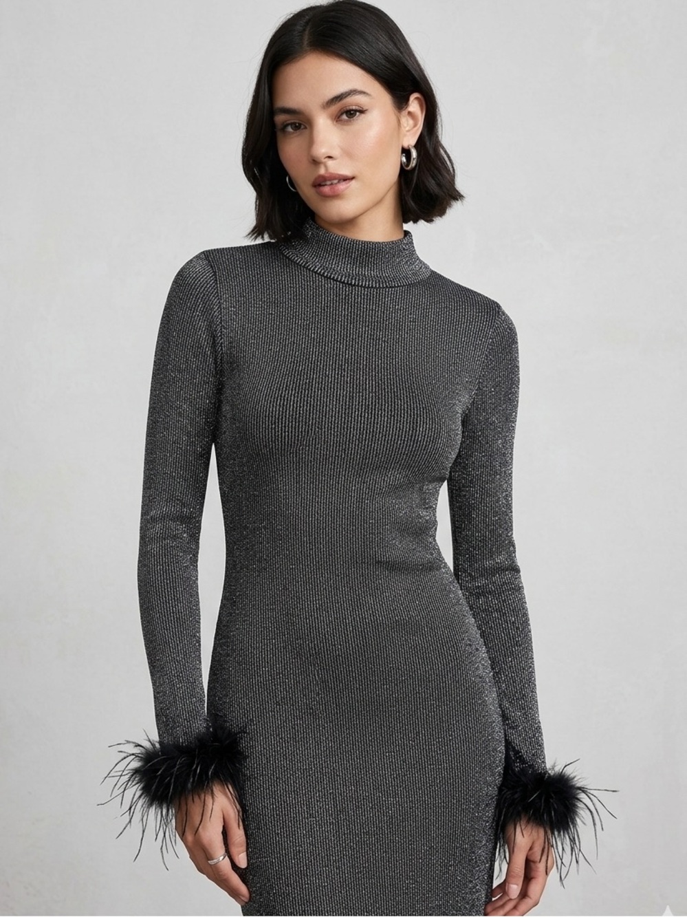 Metallic Gray Turtleneck Feather Cuff Bodycon Dress